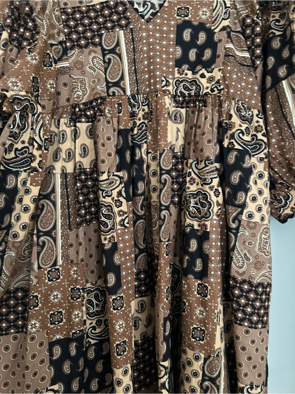 Patchwork Paisley Mini Dress in Brown and Black - Picture 7 of 9